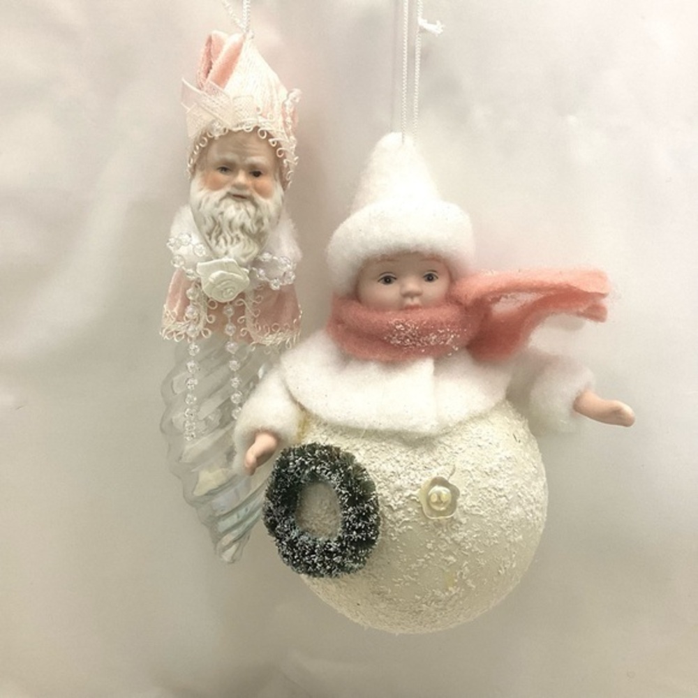 Vintage Porcelain Face Ornaments Santa and Girl